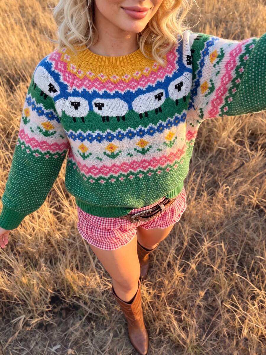 Sweater Kasual Musim Gugur Motif Fair Isle Bunga Vintage Pastoral Bohemian
