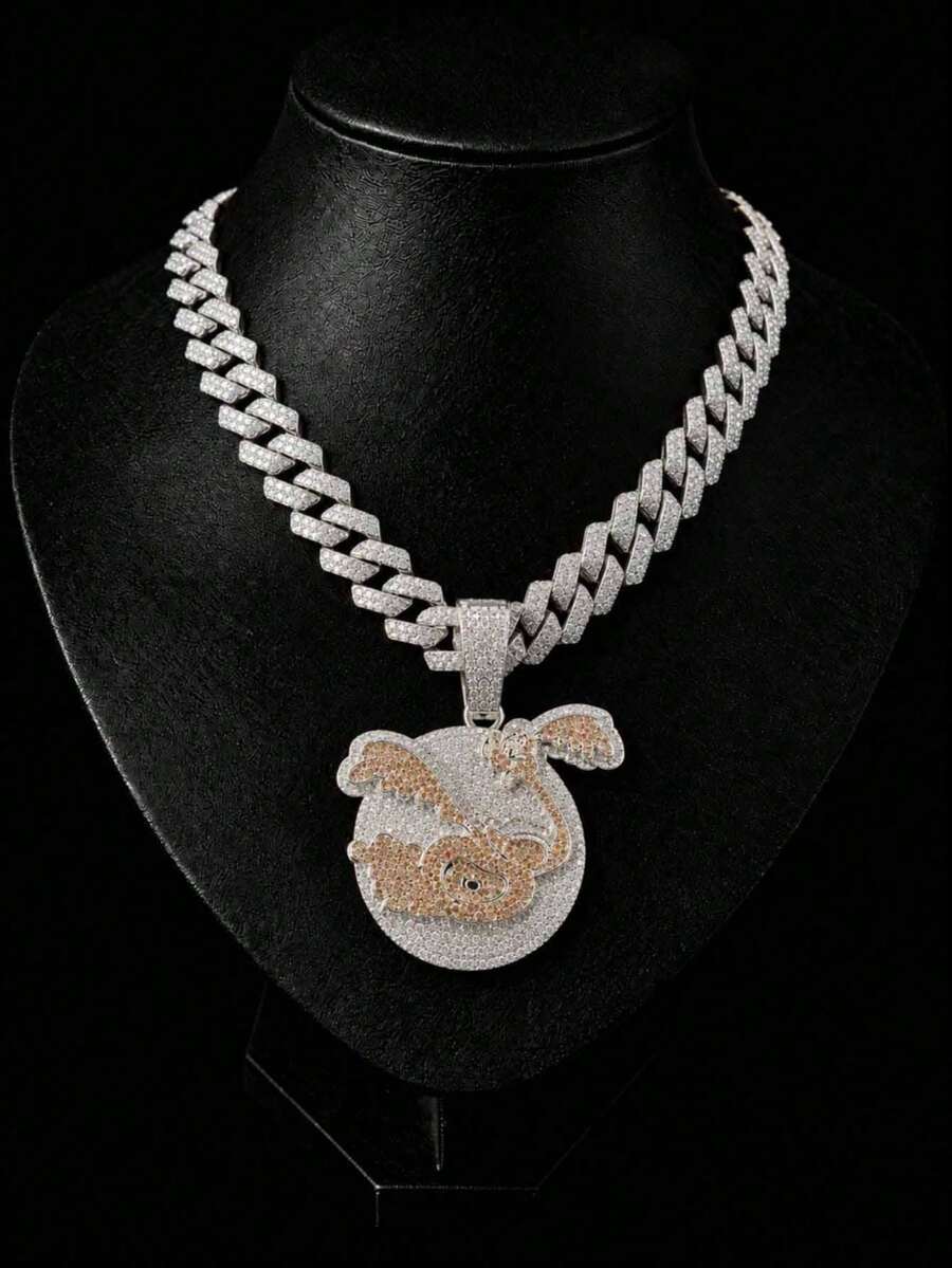 Hip Hop Full Rhinestone Flamingo Runner Pendant Cuban Chain Necklace, Heavy Rhinestone Inlaid Cuban Chain Rap Style Birthday Personalized Gift Jewelry