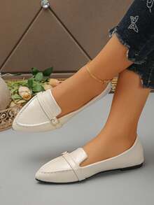 Women's Elegant Pointed Toe Slip-On Beige Shoes, Commuter Style Spring/Autumn New Office Wear Navy Loafers, Versatile Flat Shoes - Beige Red PU - Round Buckle - View 3