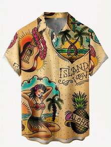 Men's Short Sleeve Casual Vacation Shirt With Palm Tree, Tropical Plant, Pineapple, Guitar And Music Print, Button Front And Chest Pocket - Multicolor - View 2