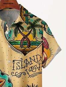 Men's Short Sleeve Casual Vacation Shirt With Palm Tree, Tropical Plant, Pineapple, Guitar And Music Print, Button Front And Chest Pocket - Multicolor - View 4