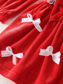 Girls' Princess Style Velvet Dress With Ruffle Lace Trim And Bow Accessory, Holiday Party Wear, Autumn/Winter - Red - View 8