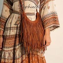 STEPHIECATHY Bohemian Style PU Leather Fringed Zipper Closure Woven Long Strap Women Casual Small Shoulder Crossbody Bag, Suitable For Vacation Travel - Brown - View 3