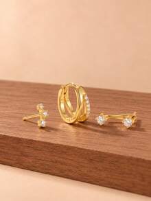 6pcs/Set Minimalist Copper Plated Zirconia Women's Earrings, Stackable Earrings, Suitable For Couples, Sisters, Holidays, Daily Wear - Style 3 - View 4