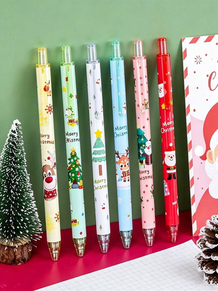 6/1pc Christmas Cartoon Click Neutral Pen 0.5mm Black, Santa Claus Reindeer Christmas Tree Pattern, Student Holiday Gift Writing Pen, Suitable For Festive Holiday Gift Giving - Multicolor - View 1