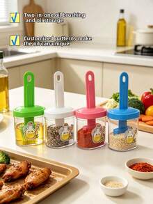 1pc 2 In 1 Oil Brush Bottle, Transparent Seasoning Storage Jar, Silicone Basting Brush Container For BBQ Baking Grilling Pancake, Cute Cartoon Printed Kitchen Gadget, Color Random, Creative Design Makes The Kitchen Cuter And More Fun - Oil Brush Bottle - View 4