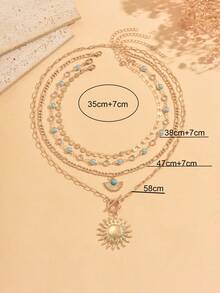4pcs/Set Style Turquoise Sun Pendant With Round Coin Chain Decor Multi-Layer Stacked Necklace Fashion Women's Neck Jewelry Suitable For Daily Wear, Dating, Vacation And Travel - Multicolor - View 4