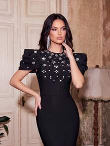 Modphy European And American New Fashionable Lotus Leaf Sleeve Nail Diamond Bandage Long Dress Elegant Dress For Socialite Parties And Banquets - Black - View 7