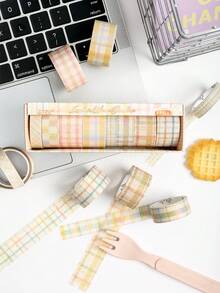 8 Rolls/Box Fresh Plaid Pattern Tape, Designed In Two Materials (Paper And PET) For Vintage-Style Tape,For Scrapbooking, Diaries, And Card Decoration - Multicolor - View 9