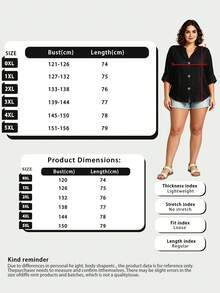 Plus Size Women's Casual Button Front Rolled Sleeve Shirt Blouse Black - Black - View 6