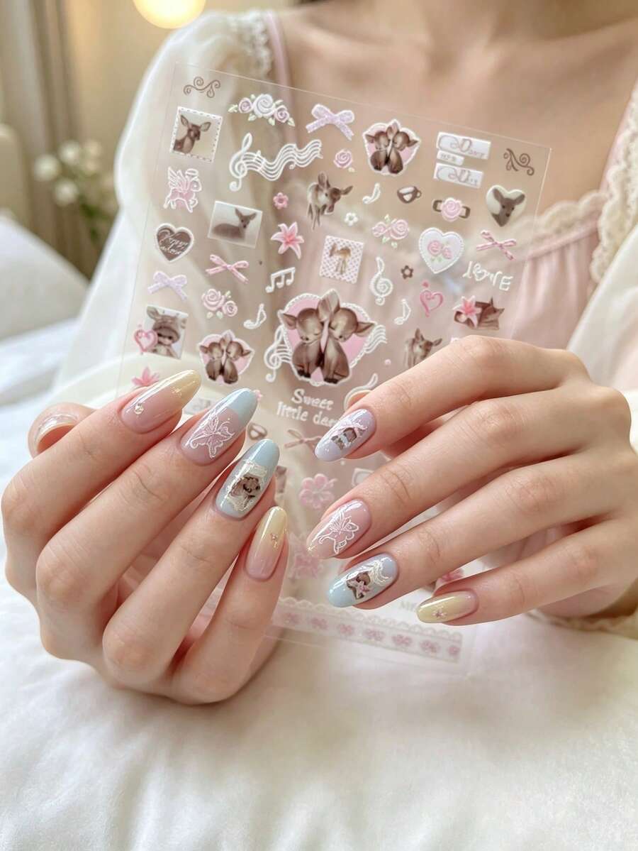 1 Sheet Embossed Sweet Deer Nail Stickers, Cute Cartoon Fawn Bow Floral Self-Adhesive Nail Decals, Autumn Winter Nail Art Decorations