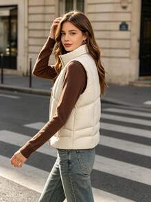 Women's Winter Casual Solid Color Zipper Front Stand Collar Short Padded Vest - White - View 8