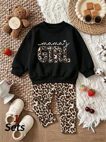 2pcs/Set Girls Casual Crew Neck Long Sleeve Sweatshirt + Leggings Set, Leopard Print "GIRL" Pattern Children's Outfit, Suitable For Autumn/Winter - Multicolor - View 3