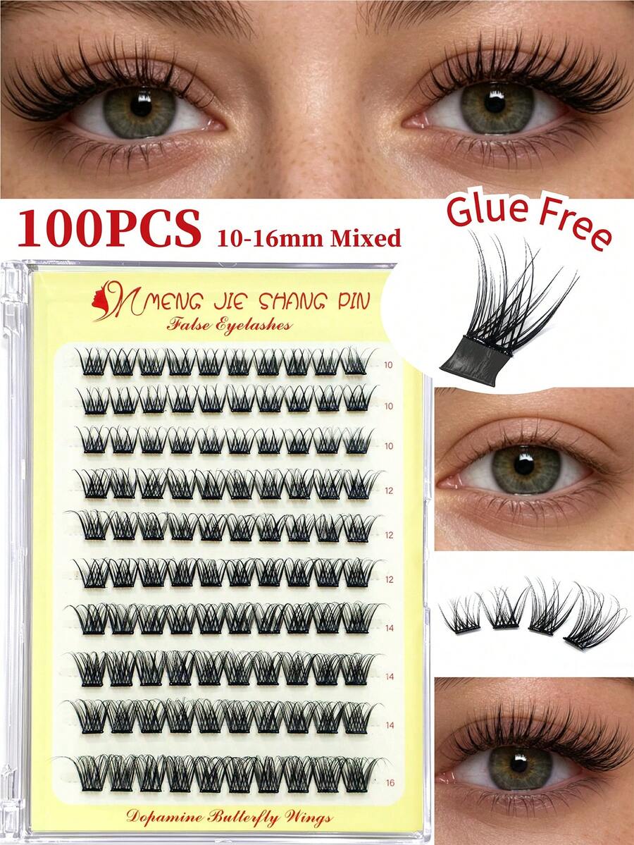 MENGJIESHANGPIN 100pcs Brown Glue-Free False Eyelashes Natural Curly Voluminous Messy Long-Lasting 10-16mm Eyelash Extensions YY10 - View 1