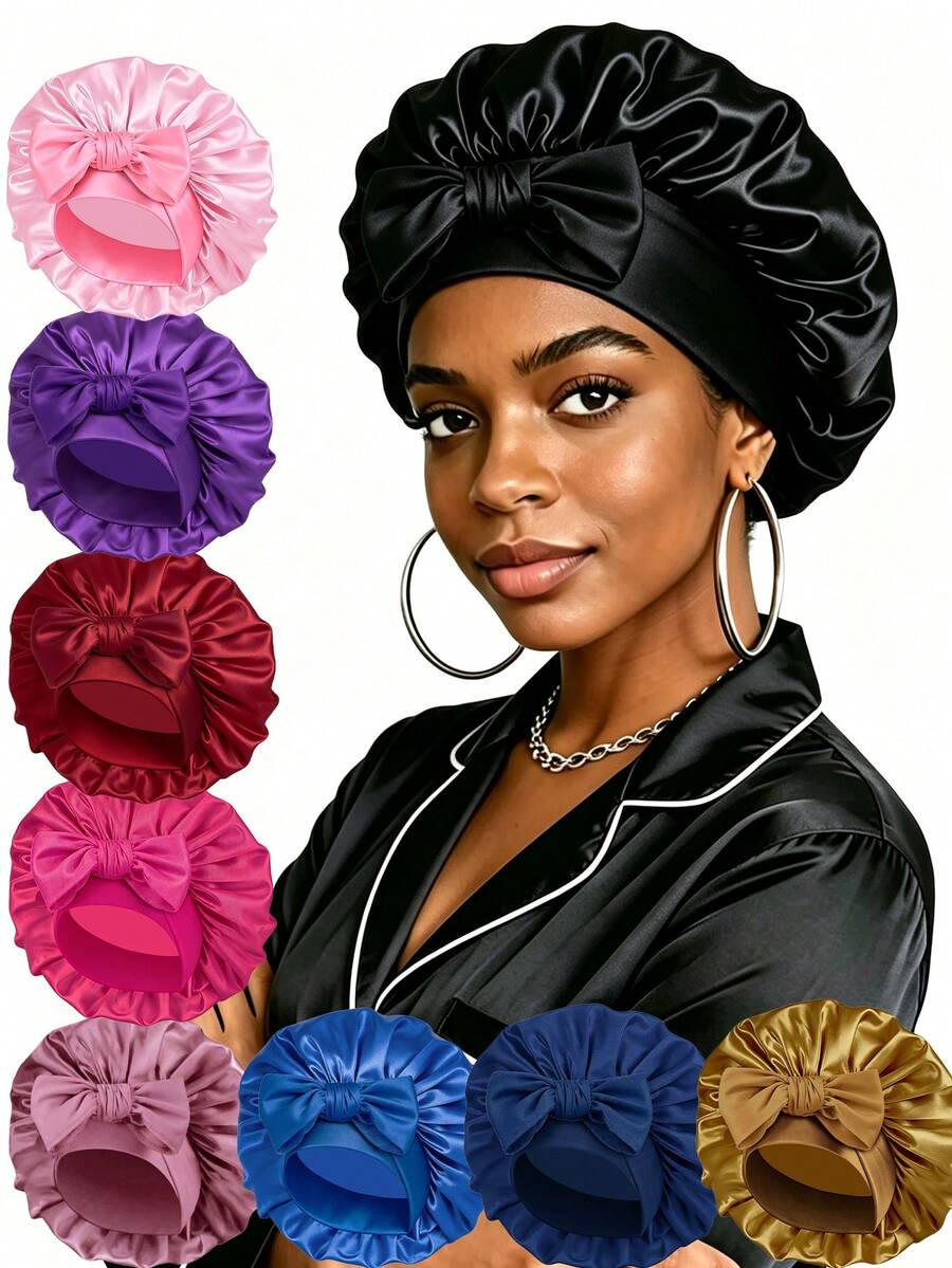 3pcs Satin Sleep Cap Set, Bow Decor Adjustable Tie Band Elastic Band Sleep Cap, Suitable For Curly And Natural Hair, Women's Hair Protection Night Cap