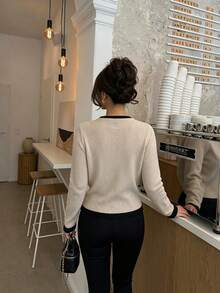 SEREN Women's Contrast Trim Button Knit Cardigan, Autumn/Winter Round Neck Long Sleeve Top, Regular Fit - Yan - View 3