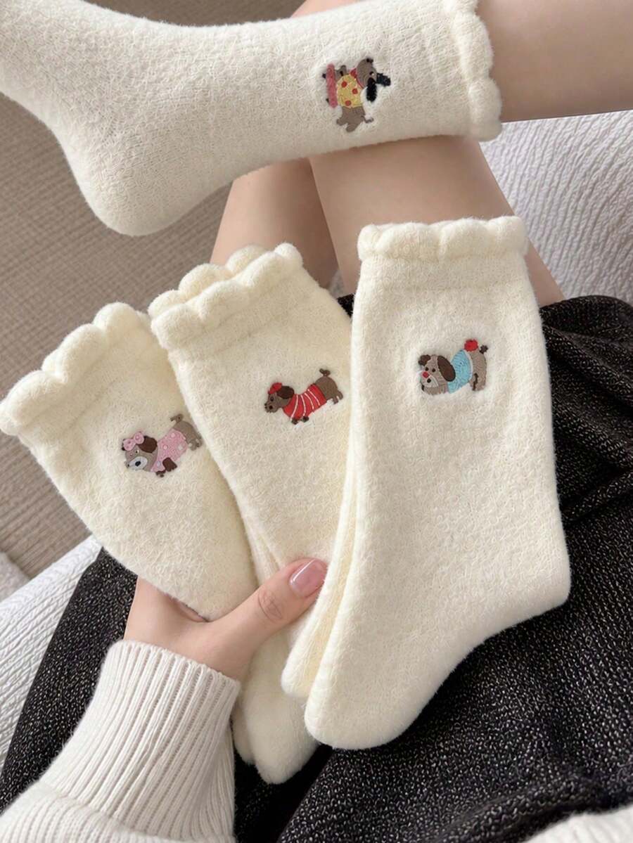 4 Pairs Women's Dachshund Plush Mid-Calf Socks With Ruffle Trim, Warm Autumn/Winter Cute Japanese Style Home Sleep Casual Socks - Multicolor - View 1
