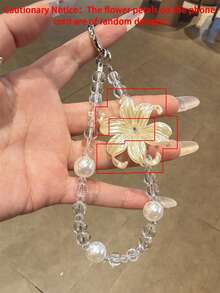 美學奢華百合花珍珠手機掛繩，極簡透明珠飾掛繩手鍊，通用女性配件禮物 - 黃色 - 查看 4