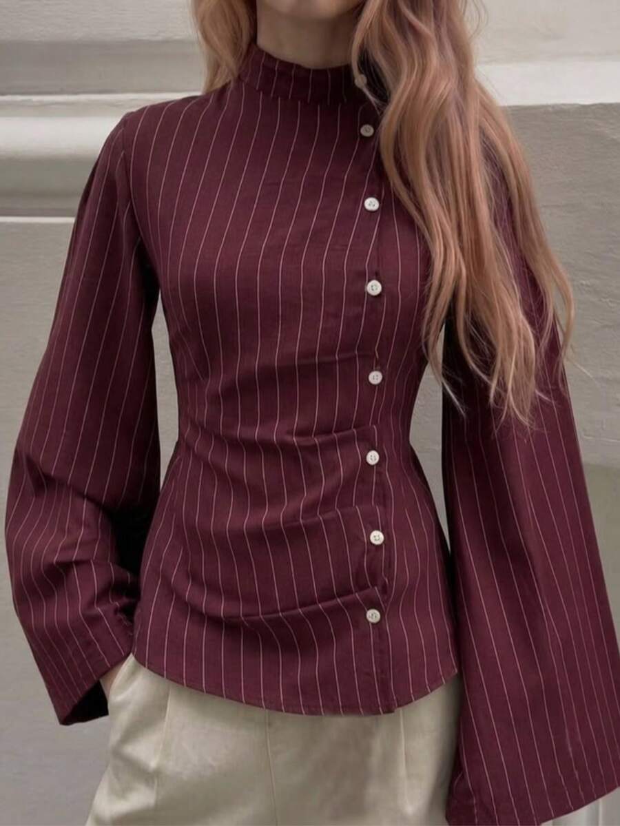 Fall Striped Stand Collar Wrap Blouse, Flare Long Sleeve Button Detail Tie Waist Women Top