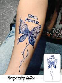 1pc Temporary Tattoo Sticker, Blue Ink Wash Butterfly With Inspirational Text & Ink Splatter Lines Pattern, Realistic Fake Tattoo Design, Suitable For Daily, Bachelorette Party Favors, Music Festivals, Cosplay, Graduation Gifts, Lasts 3-5 Days - Multicolor - View 1