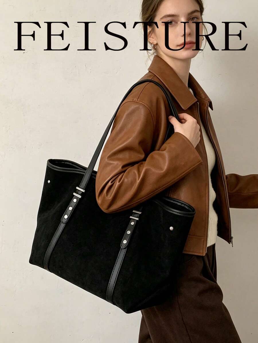 FEISTURE 1件大容量復古通勤麂皮單肩托特包，拉鍊開合，適合日常出行、約會、通勤