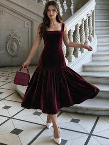 Women Elegant Sleeveless Dress Square Neck Velvet Ruffle Hem Clothes For Wedding Going Out Dating Fall Winter - Burgundy - View 2