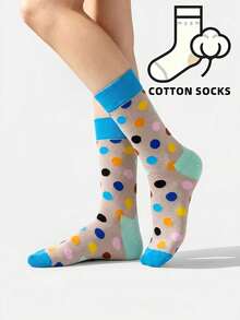 1 Pair Novelty Cartoon Multi-Color Polka Dot Pattern Sports Socks, Unisex Soft Cotton Casual Mid-Calf Socks, Suitable For Daily Wear, Men's Mid-Calf Socks, Autumn/Winter - Multicolor - View 4
