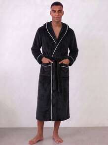Snug League 1pc Warm Thermal-Lined Double-Layer Hat, Thick Soft Flannel Couple Luxury Bathrobe For Men, Autumn/Winter - Black - View 4