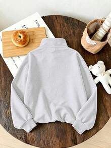 Women's Creative College Style Fashion Minimalist Digital Print Half-Zip Stand Collar Sweatshirt With Printed Loose Wide Leg Pants, 2-Piece Set For Autumn/Winter Daily Wear - Light Grey - View 5
