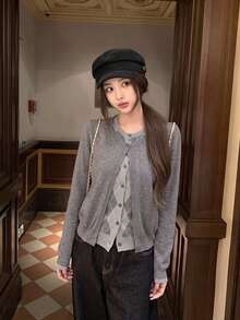 2-In-1 Argyle Knit Cardigan, Patchwork Diamond Pattern Round Neck Cropped Slim Fit Long Sleeve Knit Jacket - Gray - View 4