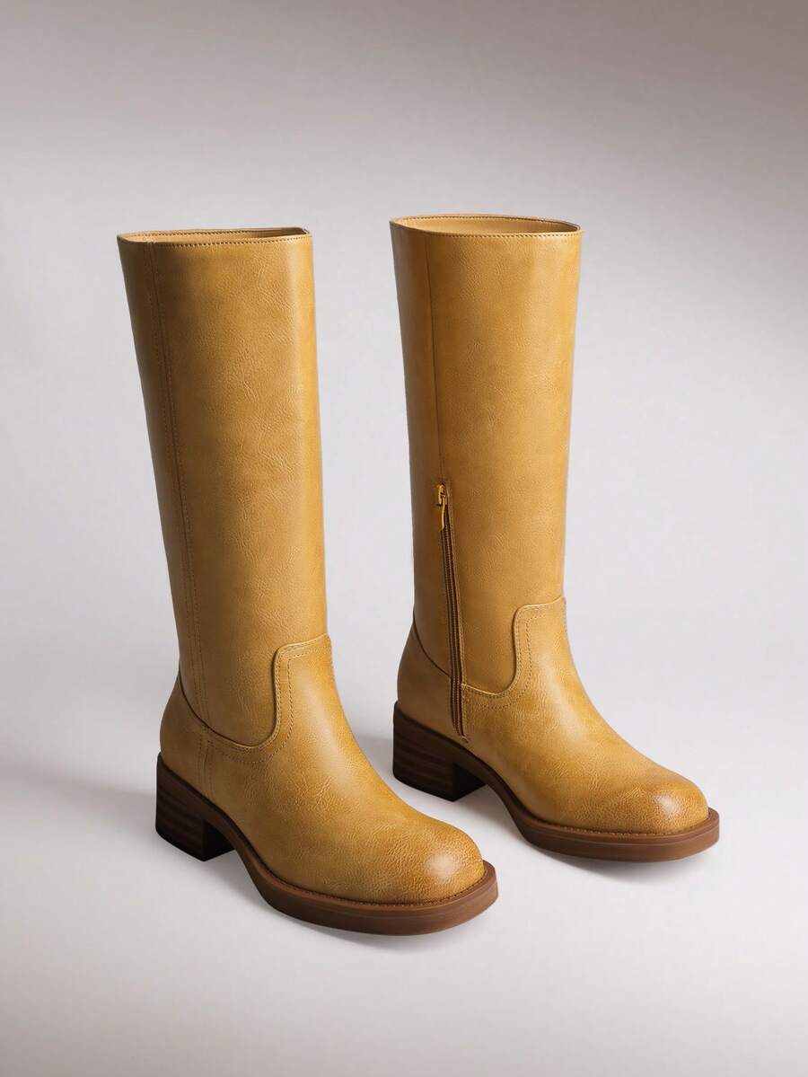 Women's Knee-High Boots, Comfortable Chunky Block Heel Pointed Toe Pull On Side Zipper Suede Slouch Riding Boots