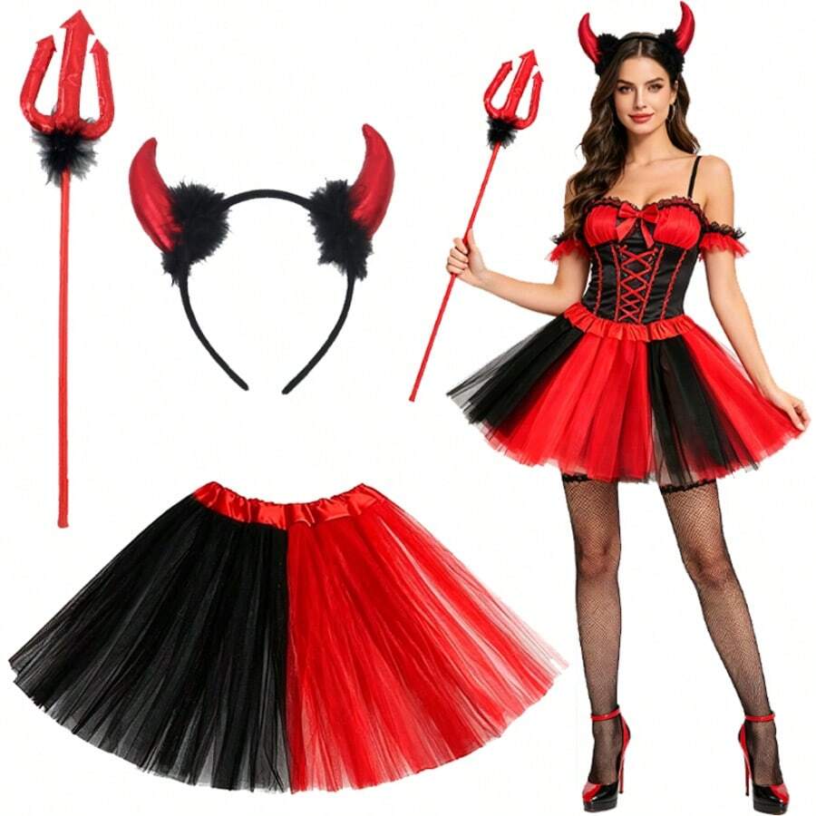 Halloween Devil Costume Set, Includes Black & Red Tulle Tutu Skirt + Horn Headband + Trident, Suitable For Halloween Carnival Party, Stage Performance, Costume Party Accessories - Multicolor - View 1