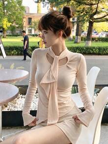 Casual Fashion Hollow-Out Lace-Up Fitted Women's Top, Autumn/Winter New Style, Suitable For Daily Wear, Dating, And Holiday Occasions - Apricot - View 4