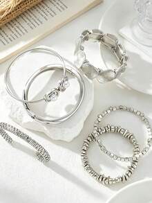 6pcs/Set Vintage Fashion Punk Style Hammered Texture Geometric Chain Silver Bracelet Set, Suitable For Women's Daily, Party, Beach, Vacation, Wedding, Layering, Gift - Silver - View 3