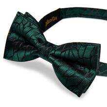 Dark Green & Black Geometric Pattern Pre-Tied Bow Tie, Pocket Square, Cufflinks, Lapel Pin 4-Piece Set, Party Formal Wear Accessory - Green - View 5