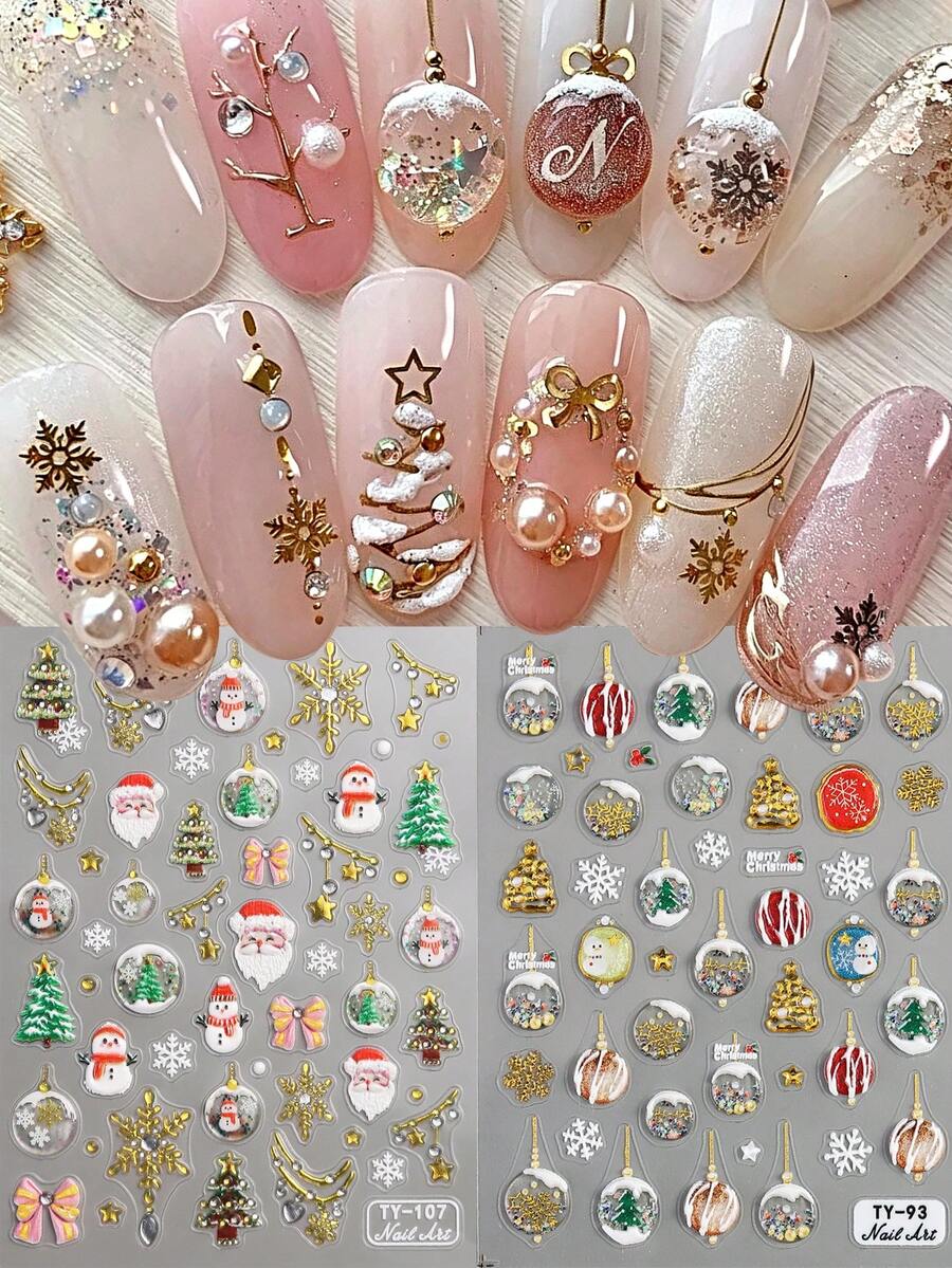 2pcs/Pack 5D Christmas Nail Stickers, Self-Adhesive Embossed Decals With Christmas Snowball, Christmas Tree, Wreath And Colorful Gemstone Patterns, Cute Winter Holiday Nail Art Decoration, Suitable For DIY And Nail Salon Use - Multicolor - View 1