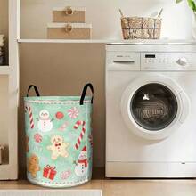 1PC Mint Green Gingerbread Man & Snowman Print Storage Bucket With Handles, Large Capacity Fabric Storage Basket - Mint Green - View 5