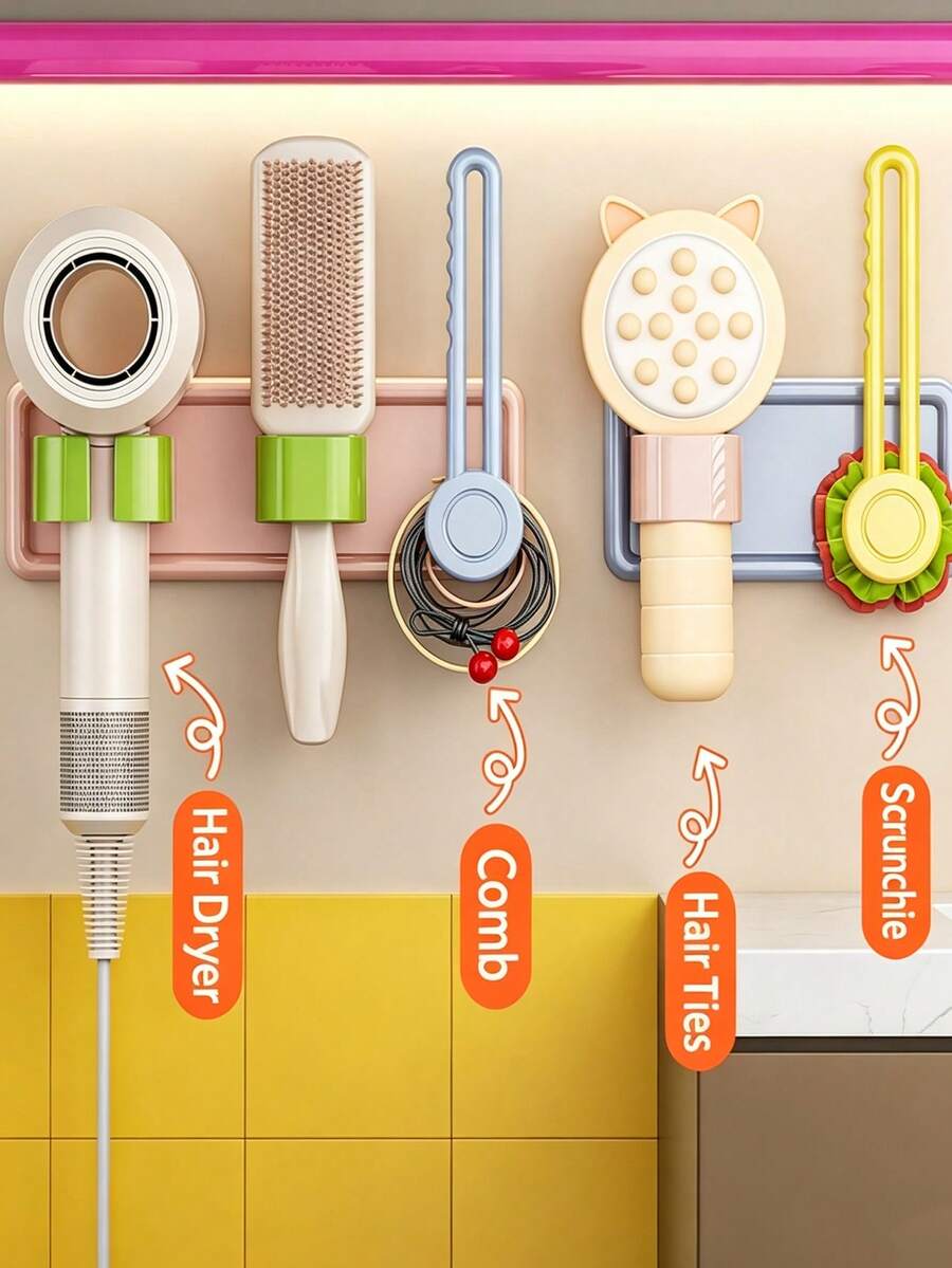 1pc Vibrant Dopamine Rectangular Wall-Mounted Storage Rack, Drill-Free Self-Adhesive Design, Hands-Free Support For Hair Dryer And Comb, Bathroom Vanity Storage Rack, Bathroom Decor Accessory, Room Decoration, Clothing Hook