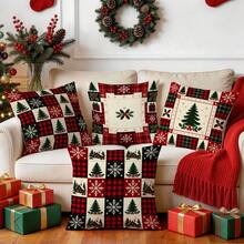 4pcs/1pc Christmas Patchwork Plaid Pattern Pillow Case, Single-Sided Printed Pillow Case, Suitable For Living Room Bedroom Home Decor, All-Season Pillow Case - Multicolor - View 8