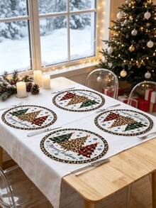 1/2/4pcs Christmas Placemats, Christmas Tree And Leopard Print Elements, Round Design, Bamboo And Linen Material, Suitable For Christmas Decoration, Family Gathering Party, Table Decor, Holiday Decor, Indoor Decoration. - Multiple Styles - View 3