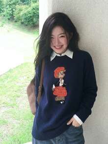 Women's Autumn Cartoon Pattern Crew Neck Drop Shoulder Long Sleeve Casual Sweater - Navy Blue - View 6