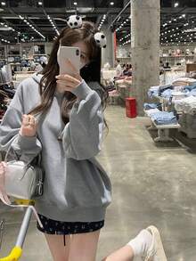 Women's Solid Color Hooded Sweatshirt, Spring/Autumn Loose Drop Shoulder Slouchy Light Gray Basic Versatile Casual Top - Light Grey - View 7