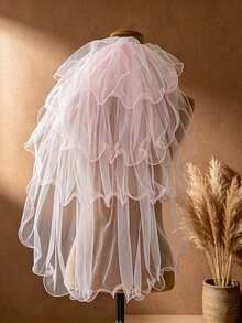 1pc Pink Short Multi-Layer Ruffle Bridal Veil With Hair Comb, Suitable For Wedding, Bridal Photography And Bachelorette Party Headpiece - Pink - View 6