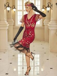 1920年代 Flapper 女裝洋裝，大亨小傳風格女款流蘇洋裝，咆哮20年代哈林之夜服裝 - 紅色 - 查看 4