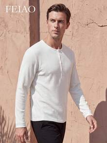FEIAO Men's Vintage Old-School Fashion Solid Color Lightweight Knit Fabric Minimalist Casual Commute Versatile Top - White - View 3