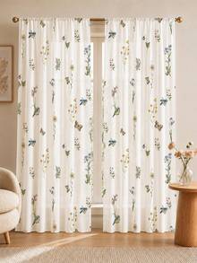 2PCS Wildflower Bird Butterfly Print High Density Mesh Curtains, Light Filtering Rod Pocket Window Curtains - Pink - View 4