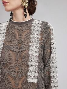 Rich Radi Q's Casual Fashion Women's Lace Layered 2 Pieces Set, Hollow Round Neck Top With Bodycon Skirt, Create A Stylish Look - Brown - View 5