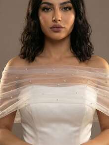 French Sheer Tulle Pearl Shrug, Short Arm Cover, Wrap For Strapless Wedding Gown - Multicolor - View 3