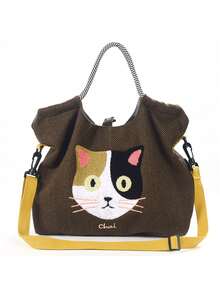 1pc New Fashion Versatile Embroidered Cute Cat Head Pattern Large Capacity Foldable Shopping Tote Bag With Shoulder Strap And Buckle - Multicolor - View 10