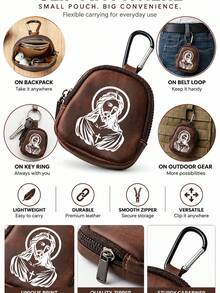 Mini Zipper Wallet With Jesus Design (With Snap Closure), Portable PU Leather Headphone Pouch, Small Key And Card Holder, Original Coin Purse, Zipper Earphone Storage Bag, Key Pouch And Keychain Accessory - Multicolor - View 6